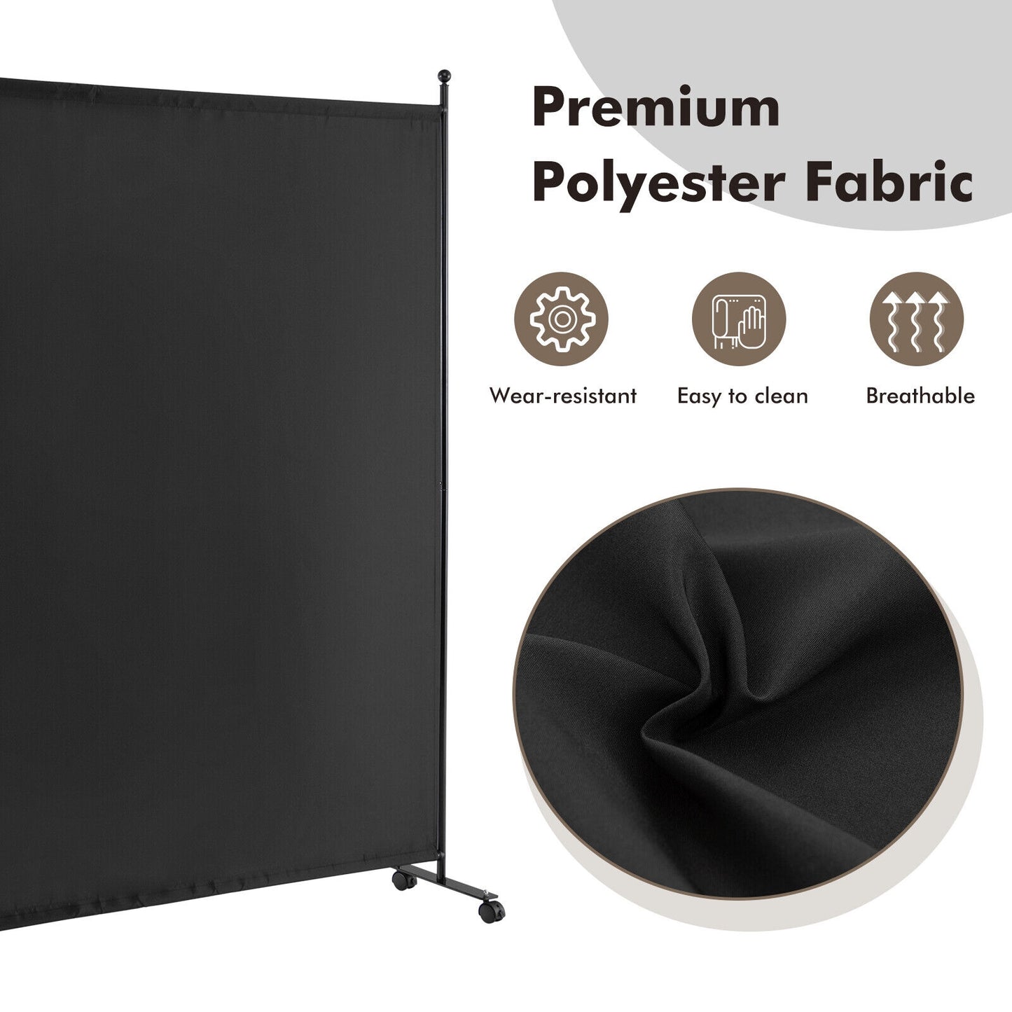 6 Foot Rolling Privacy Screen with Lockable Wheels Single Panel Divider - Black