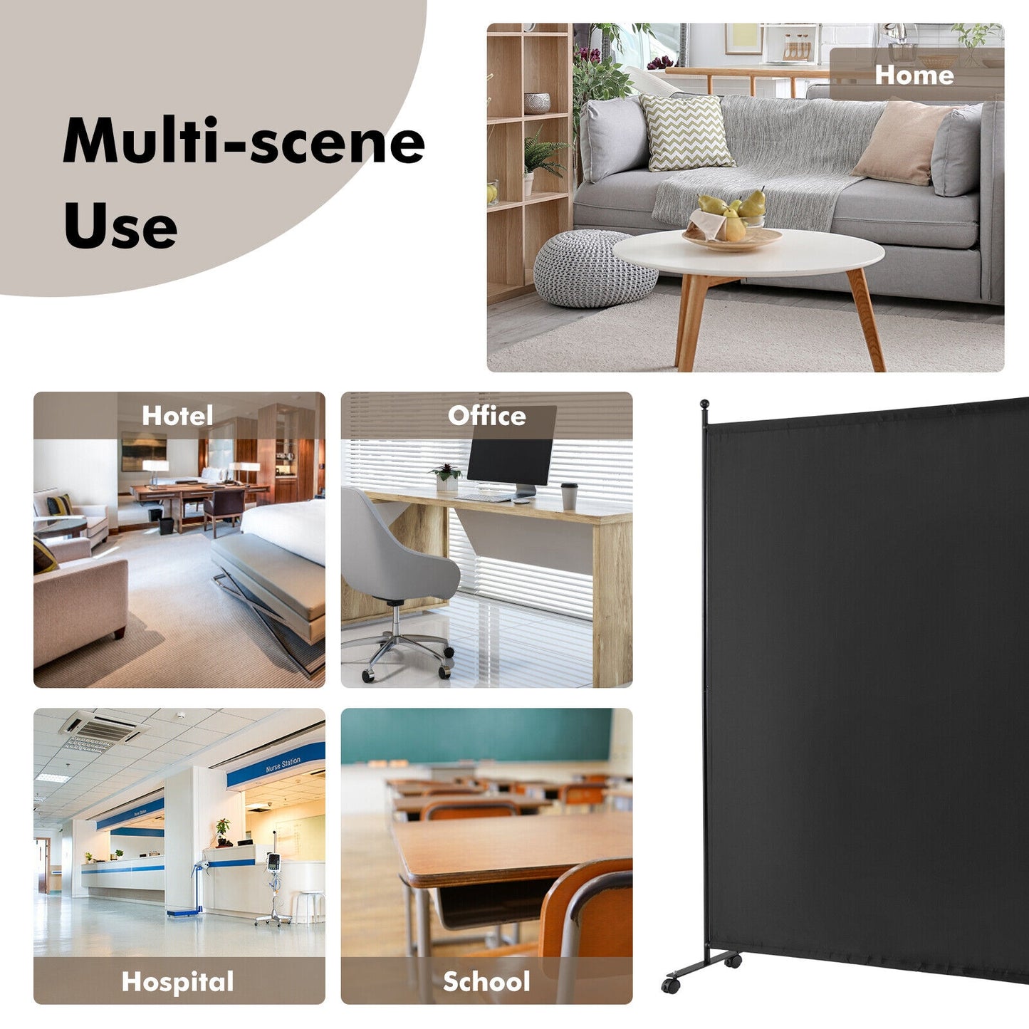 6 Foot Rolling Privacy Screen with Lockable Wheels Single Panel Divider - Black