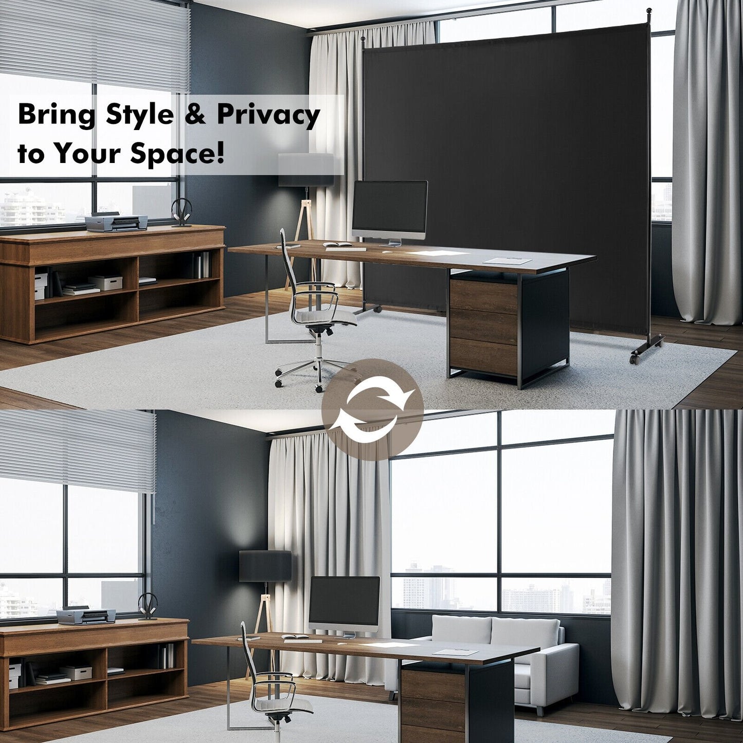 6 Foot Rolling Privacy Screen with Lockable Wheels Single Panel Divider - Black