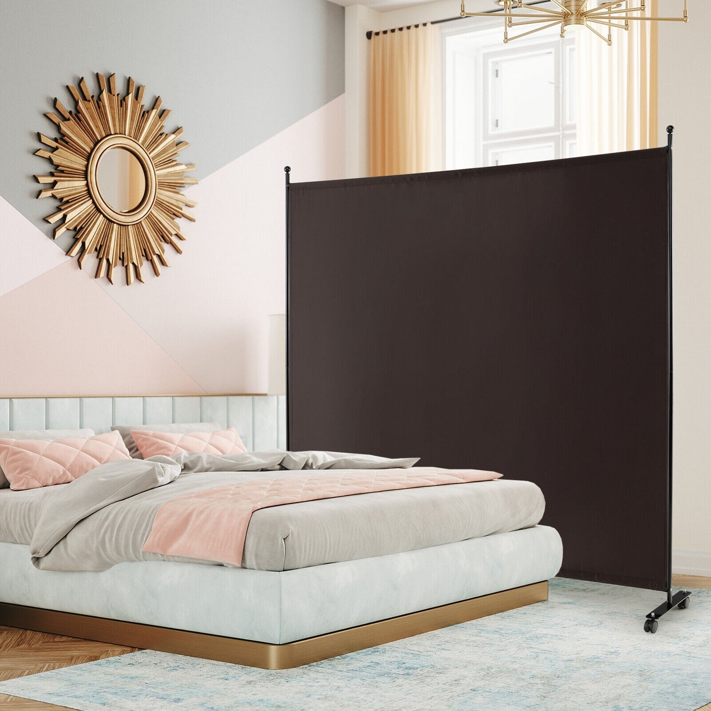 6 Foot Rolling Privacy Screen with Lockable Wheels Single Panel Divider - Brown