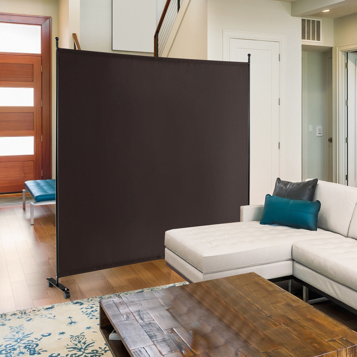 6 Foot Rolling Privacy Screen with Lockable Wheels Single Panel Divider - Brown