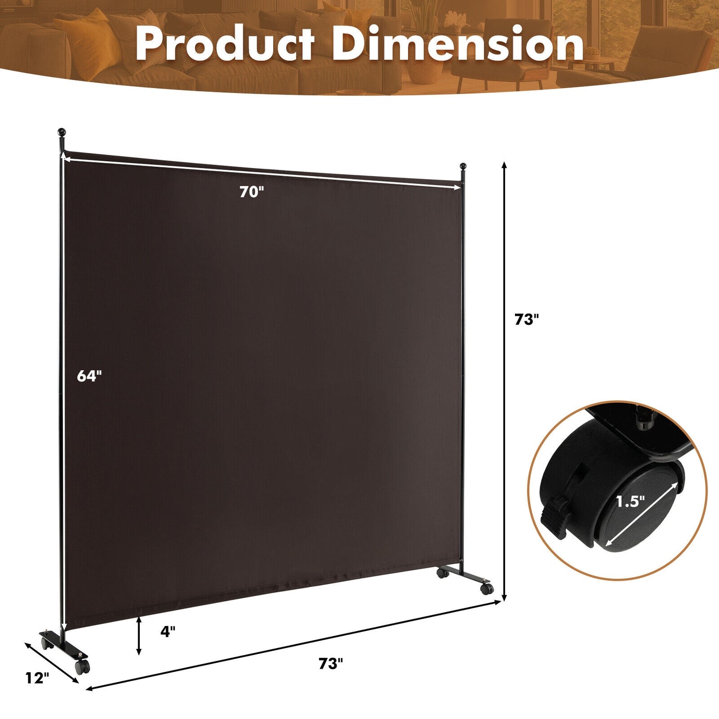 6 Foot Rolling Privacy Screen with Lockable Wheels Single Panel Divider - Brown