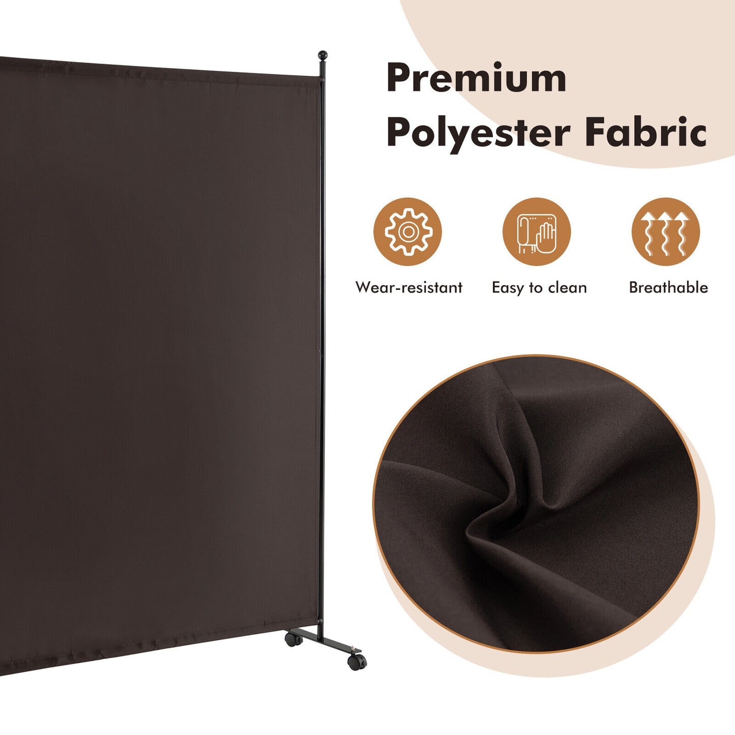 6 Foot Rolling Privacy Screen with Lockable Wheels Single Panel Divider - Brown