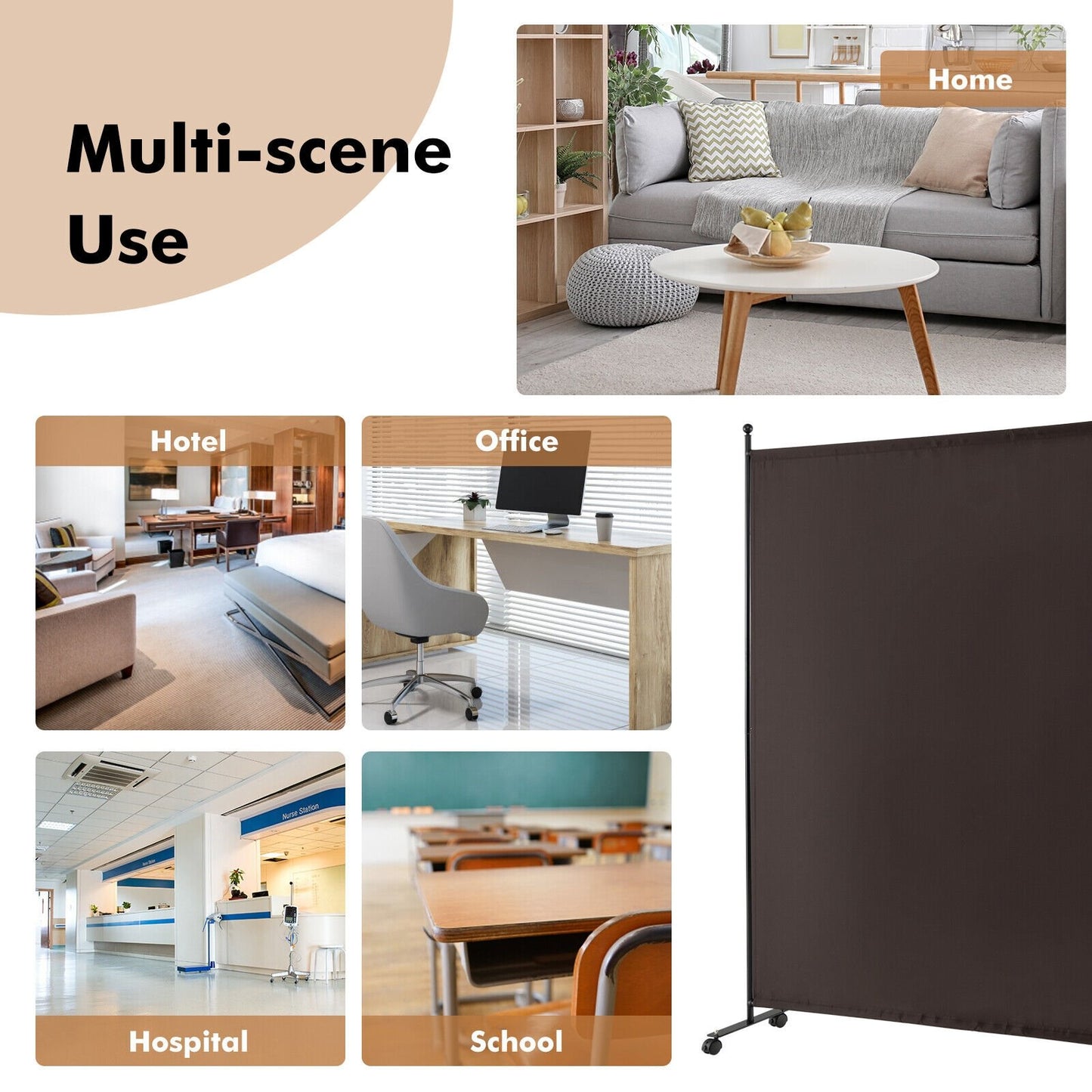 6 Foot Rolling Privacy Screen with Lockable Wheels Single Panel Divider - Brown