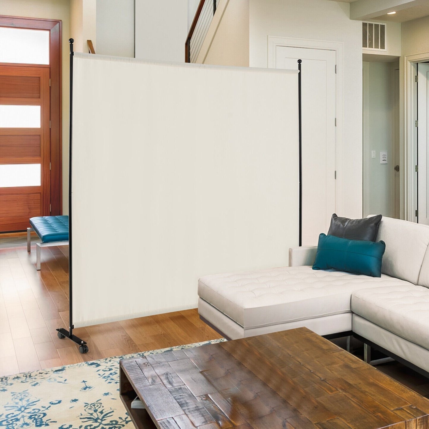 6 Foot Rolling Privacy Screen with Lockable Wheels Single Panel Divider - White