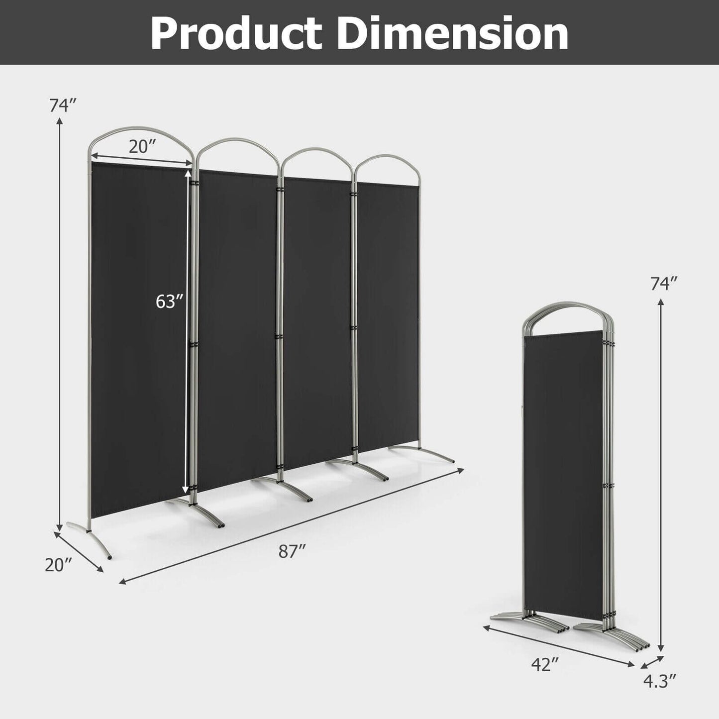 6.2Ft 4-Panel Foldable Room Divider Screen for Home Office and Living Room - Black