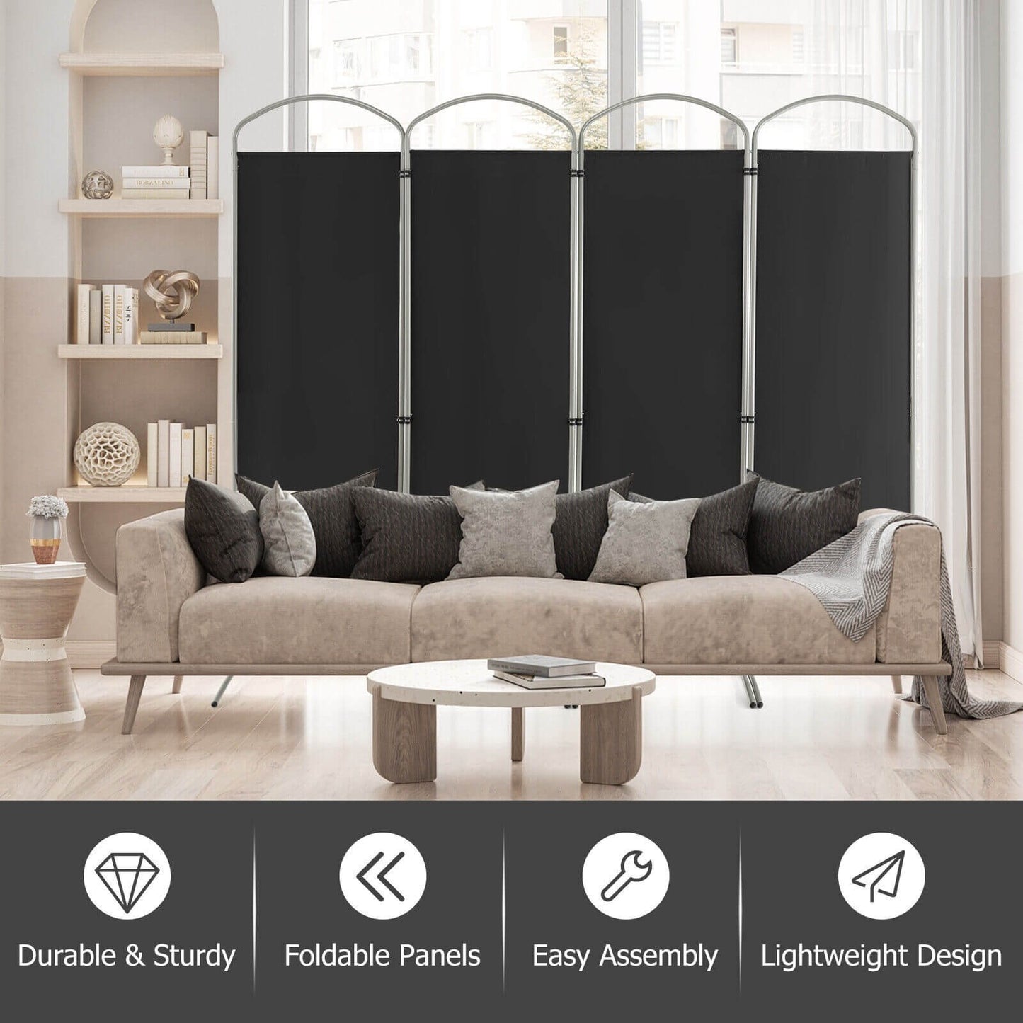6.2Ft 4-Panel Foldable Room Divider Screen for Home Office and Living Room - Black