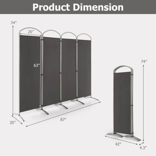 6.2Ft 4-Panel Foldable Room Divider Screen for Home Office and Living Room - Grey