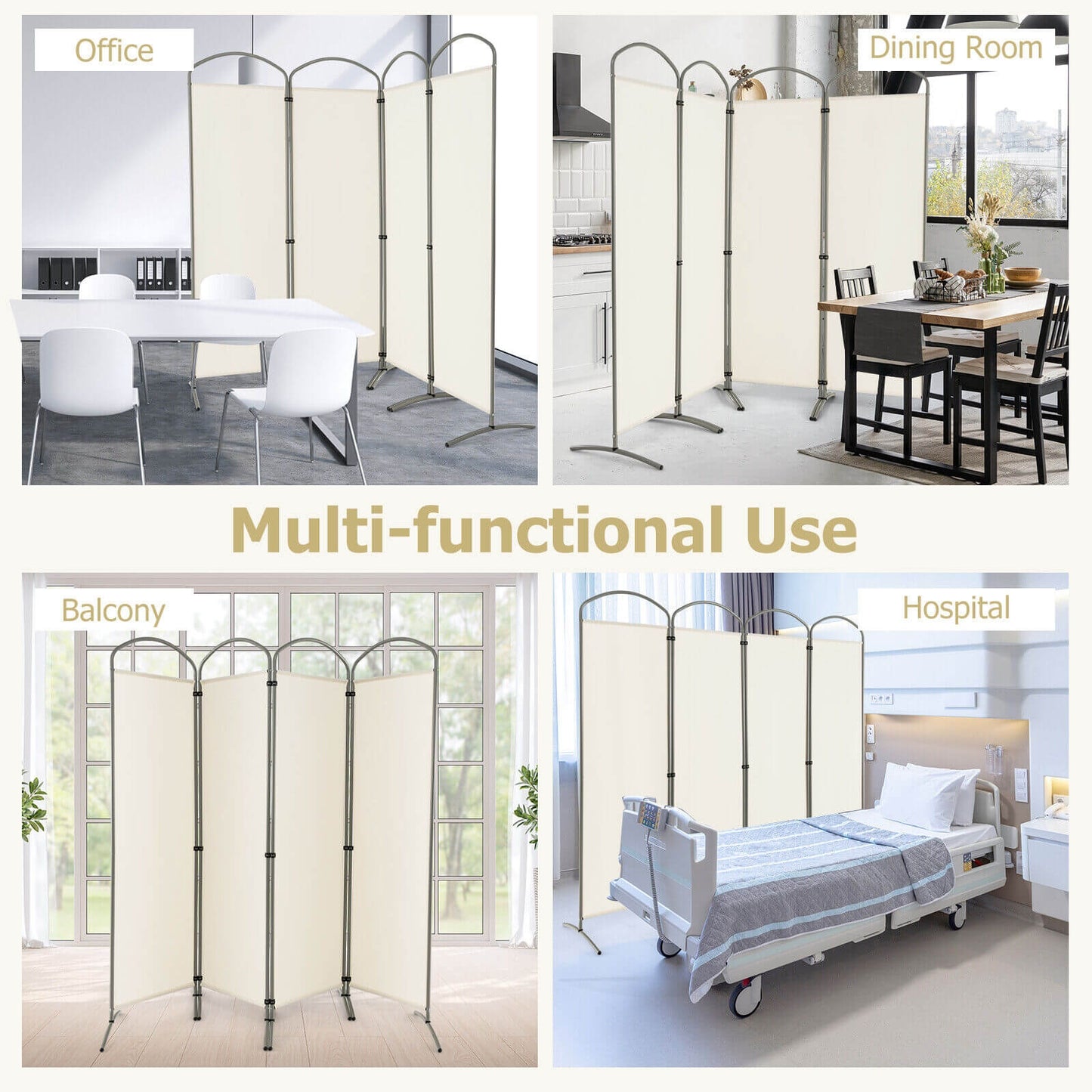 6.2Ft 4-Panel Foldable Room Divider Screen for Home Office and Living Room - White
