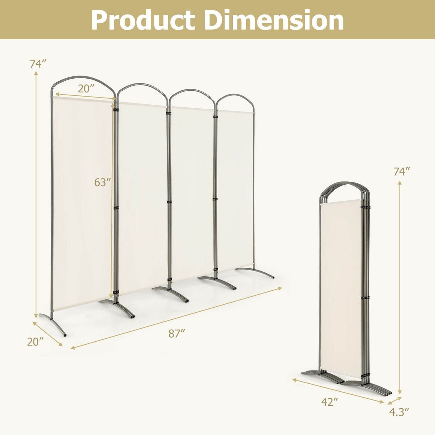 6.2Ft 4-Panel Foldable Room Divider Screen for Home Office and Living Room - White
