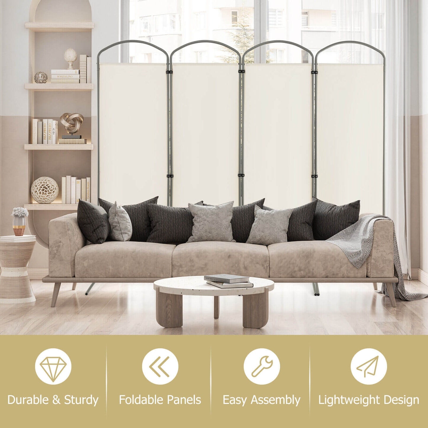 6.2Ft 4-Panel Foldable Room Divider Screen for Home Office and Living Room - White