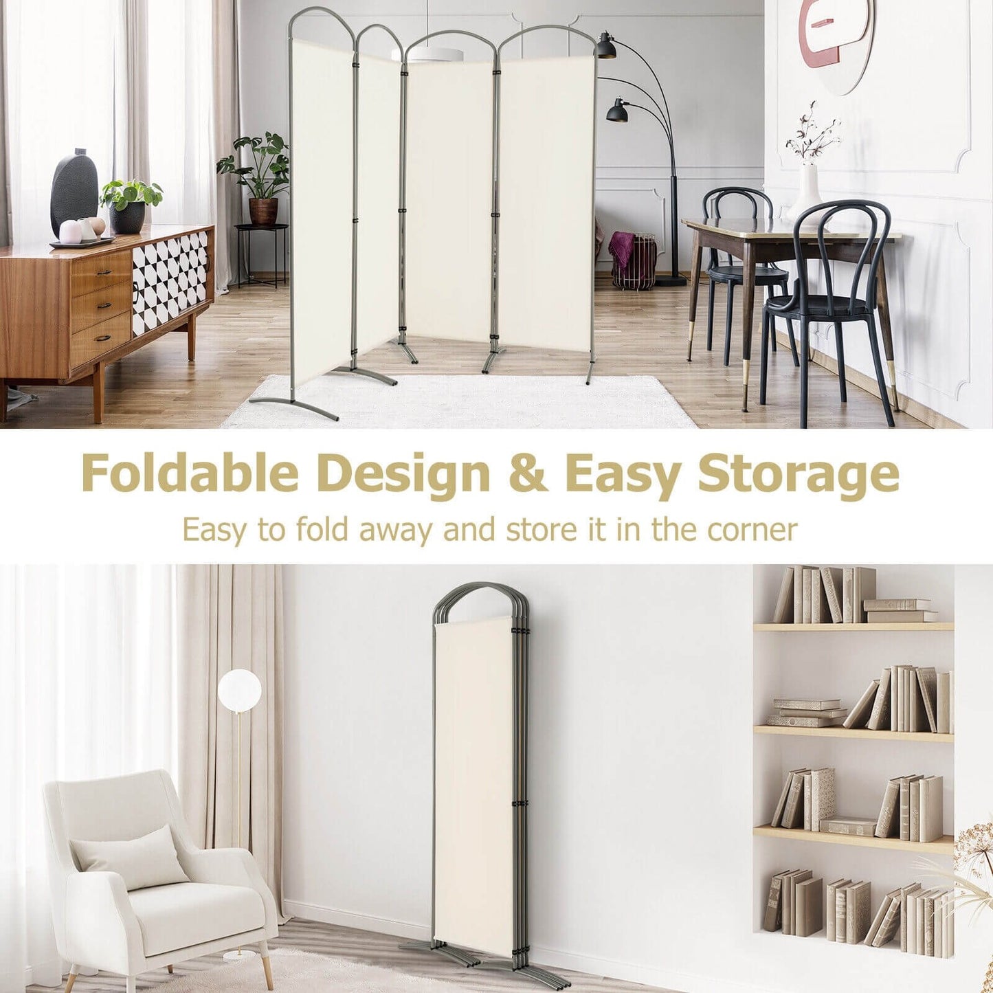 6.2Ft 4-Panel Foldable Room Divider Screen for Home Office and Living Room - White