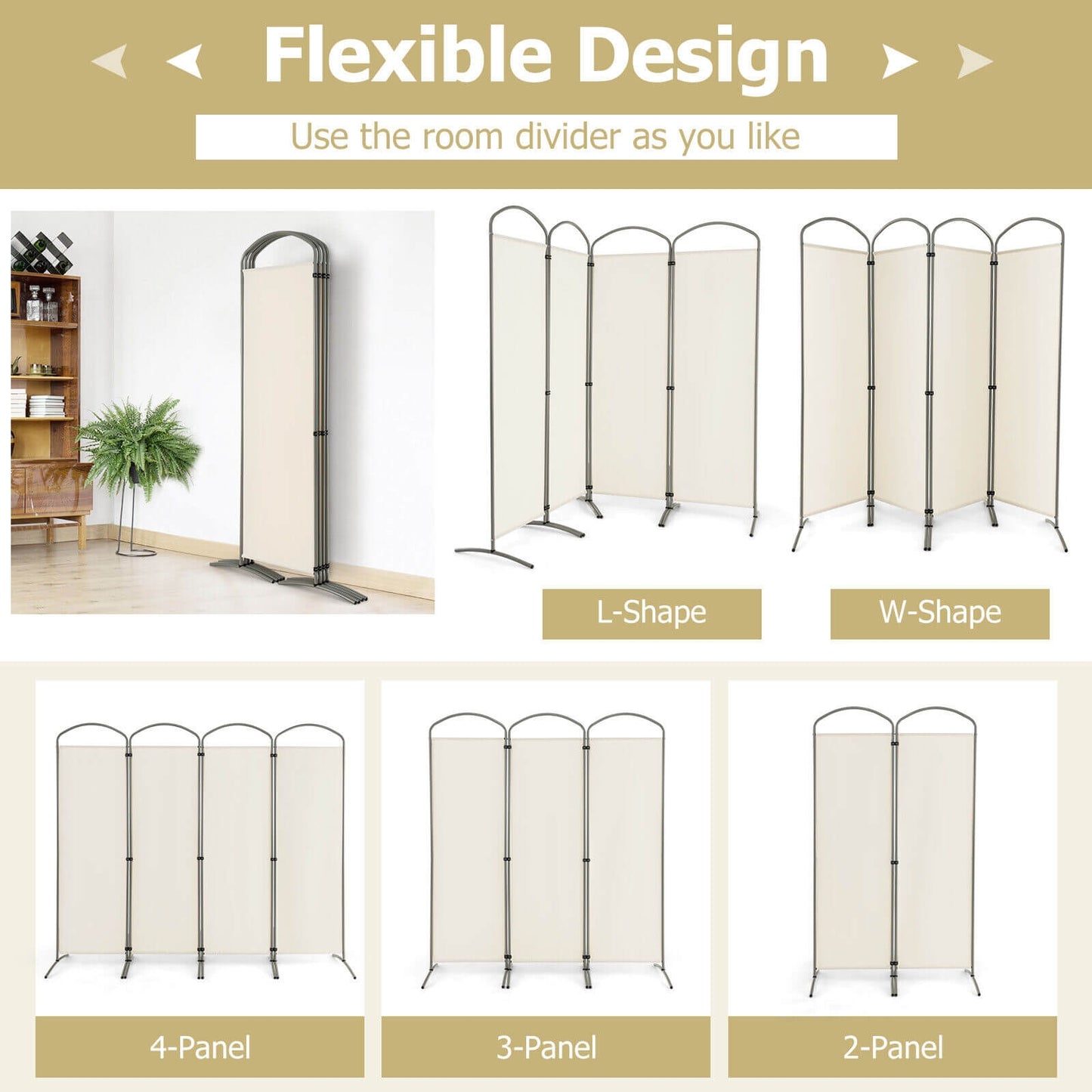 6.2Ft 4-Panel Foldable Room Divider Screen for Home Office and Living Room - White