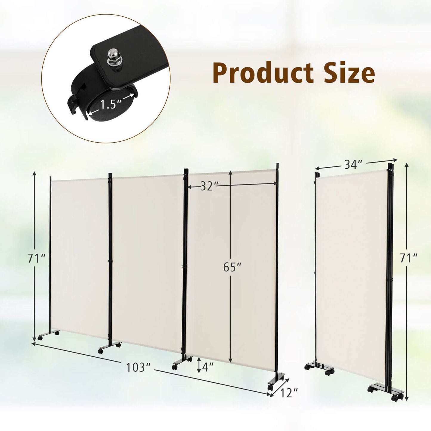 3-Panel Folding Privacy Divider with Lockable Wheels for Easy Mobility - White
