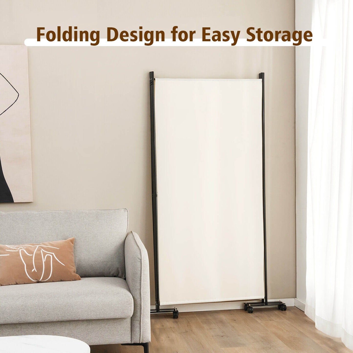 3-Panel Folding Privacy Divider with Lockable Wheels for Easy Mobility - White