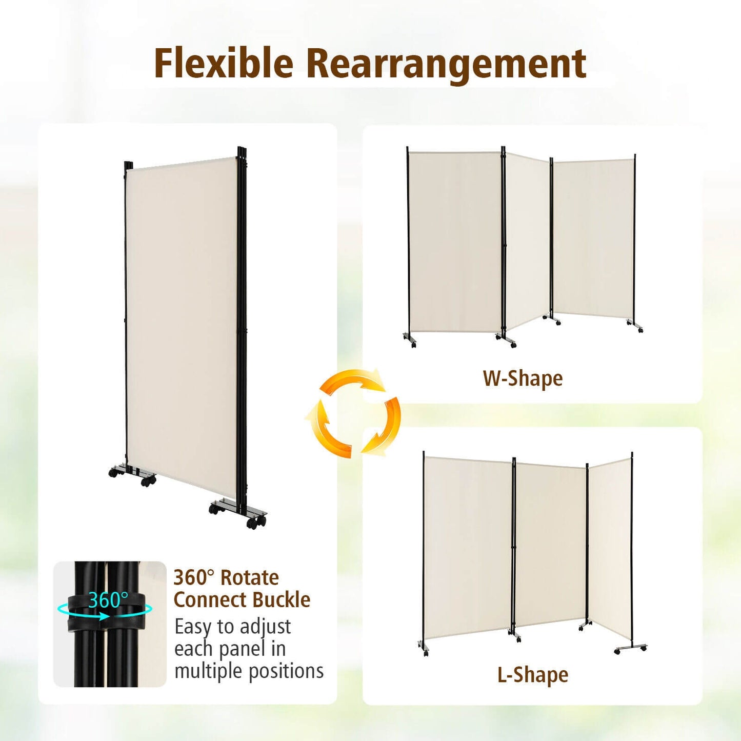 3-Panel Folding Privacy Divider with Lockable Wheels for Easy Mobility - White