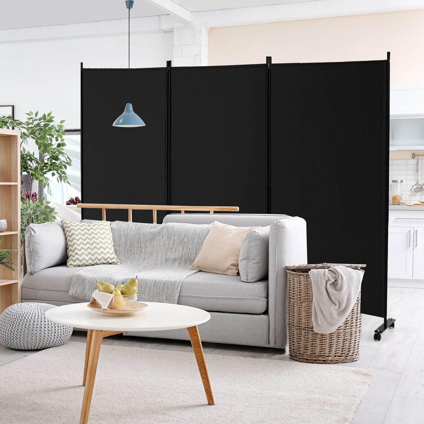 3-Panel Folding Privacy Divider with Lockable Wheels for Easy Mobility - Black