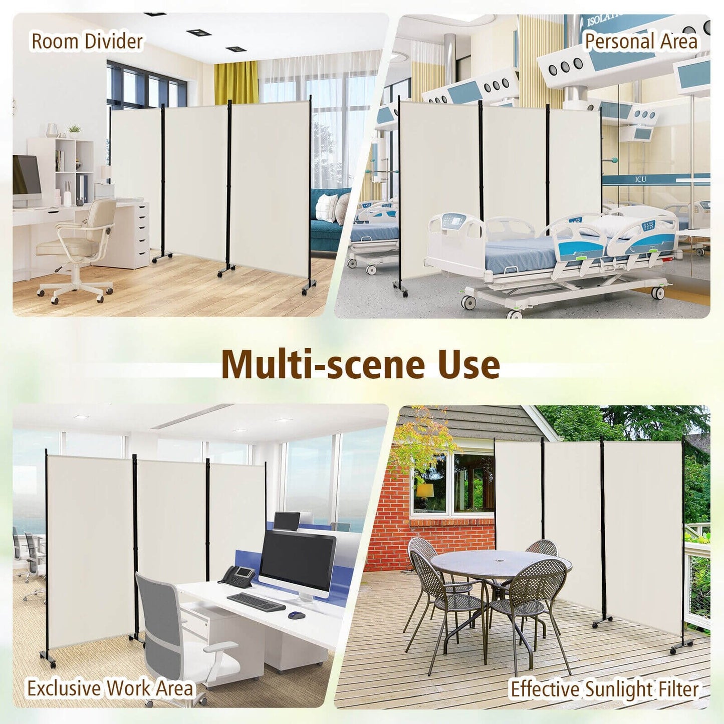 3-Panel Folding Privacy Divider with Lockable Wheels for Easy Mobility - White