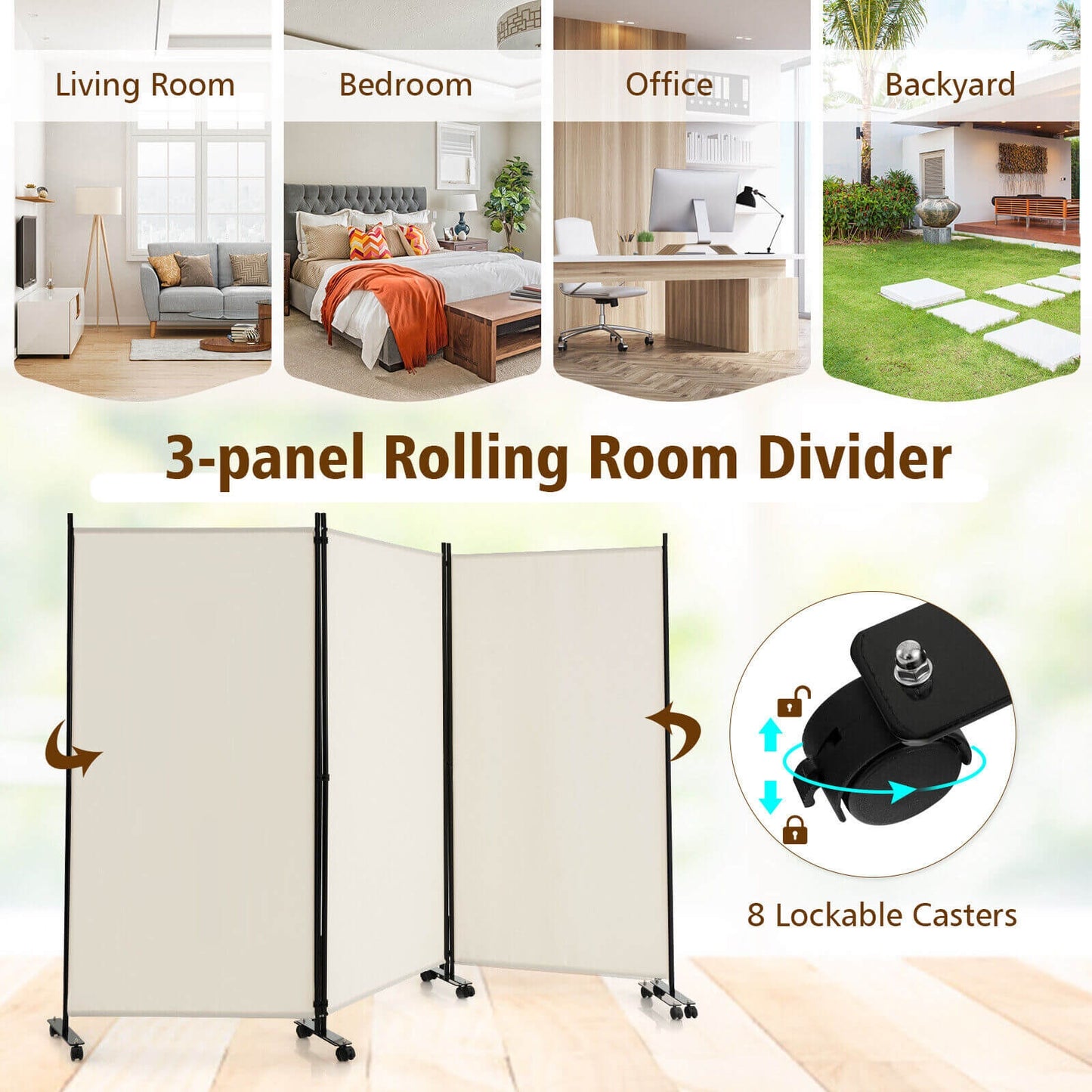 3-Panel Folding Privacy Divider with Lockable Wheels for Easy Mobility - White