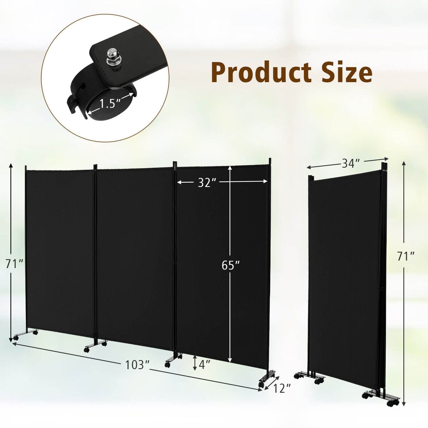 3-Panel Folding Privacy Divider with Lockable Wheels for Easy Mobility - Black