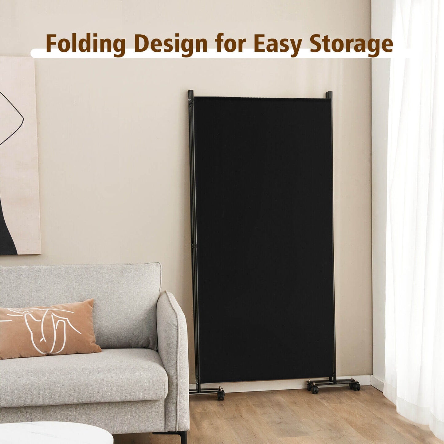 3-Panel Folding Privacy Divider with Lockable Wheels for Easy Mobility - Black