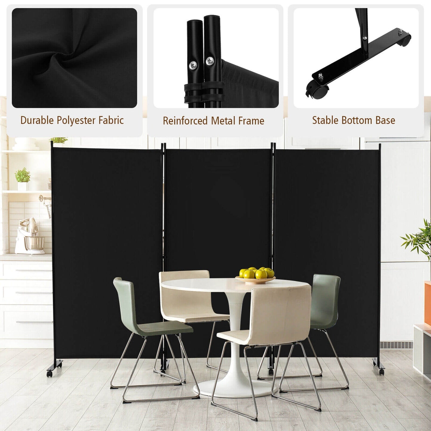 3-Panel Folding Privacy Divider with Lockable Wheels for Easy Mobility - Black