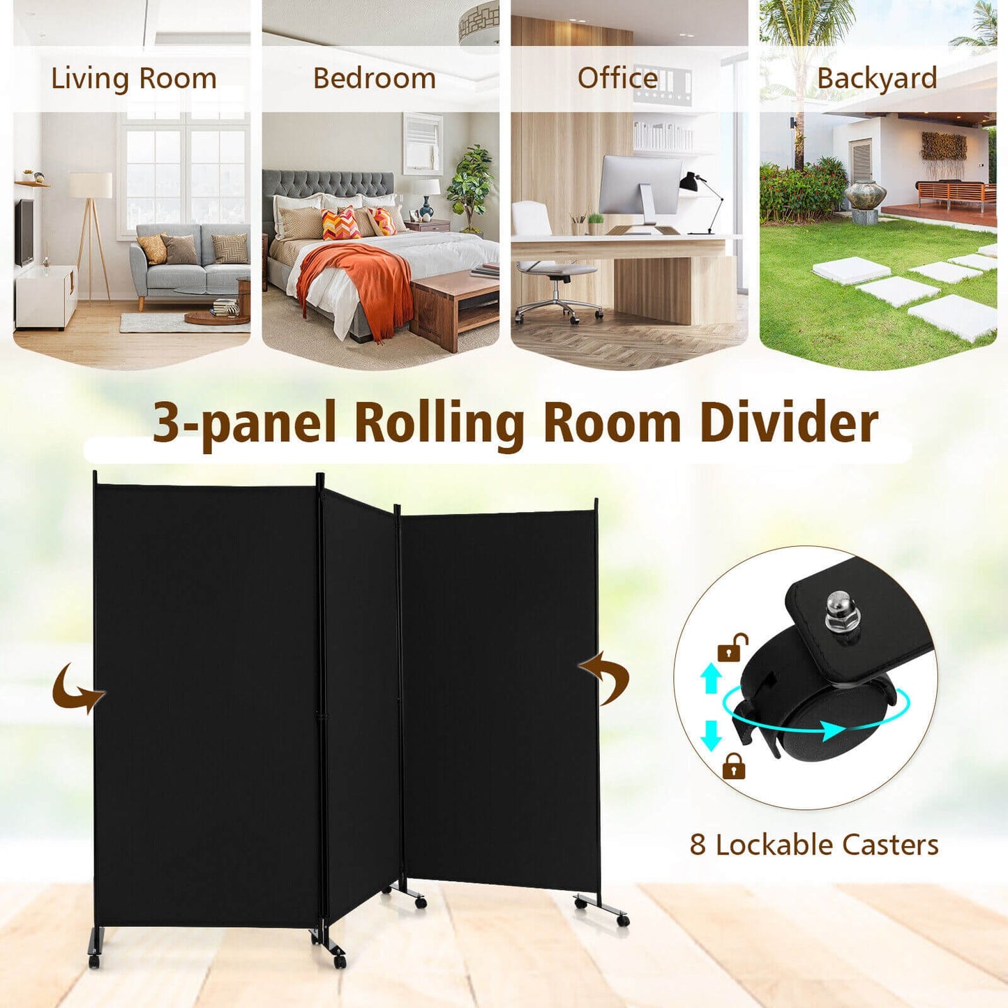 3-Panel Folding Privacy Divider with Lockable Wheels for Easy Mobility - Black
