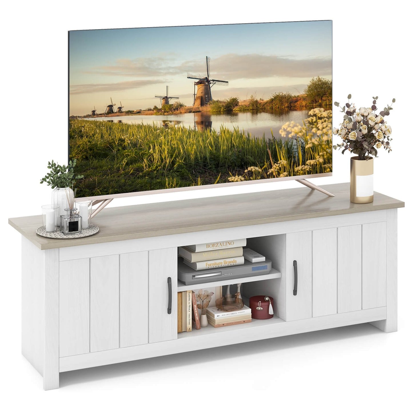 Modern TV Stand with Two Cabinets and Open Shelves for Flat Screen TVs up to 65 Inches - Natural