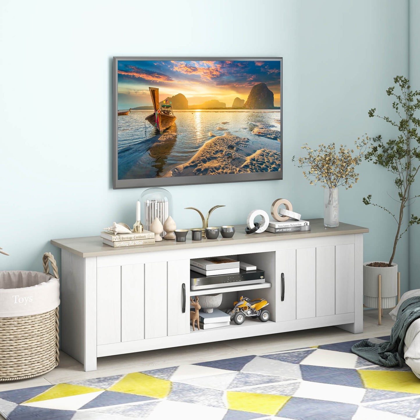 Modern TV Stand with Two Cabinets and Open Shelves for Flat Screen TVs up to 65 Inches - Natural