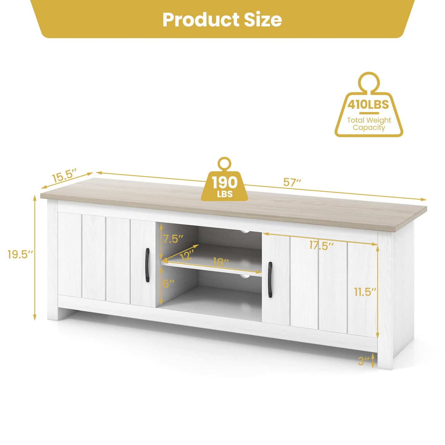 Modern TV Stand with Two Cabinets and Open Shelves for Flat Screen TVs up to 65 Inches - Natural