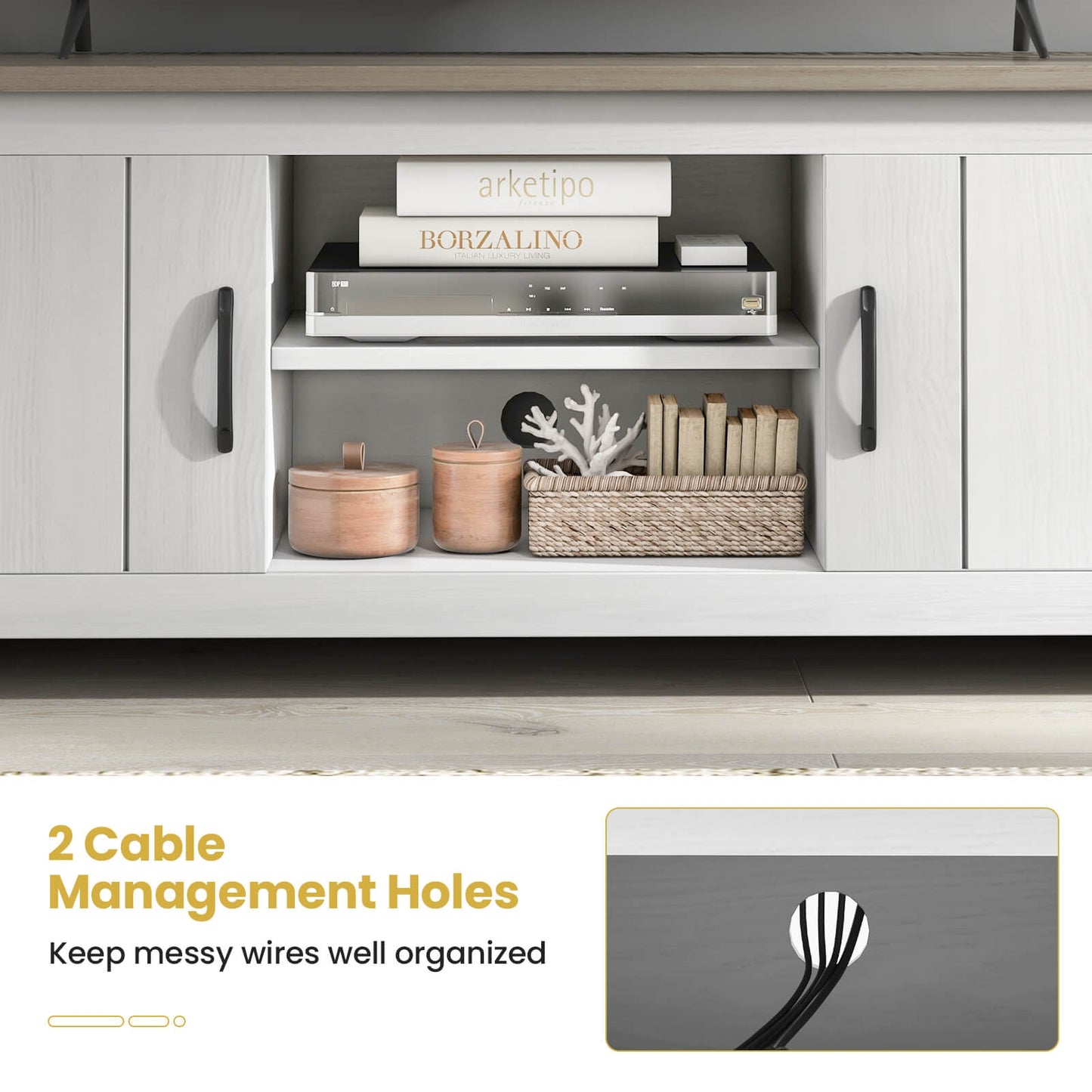 Modern TV Stand with Two Cabinets and Open Shelves for Flat Screen TVs up to 65 Inches - Natural