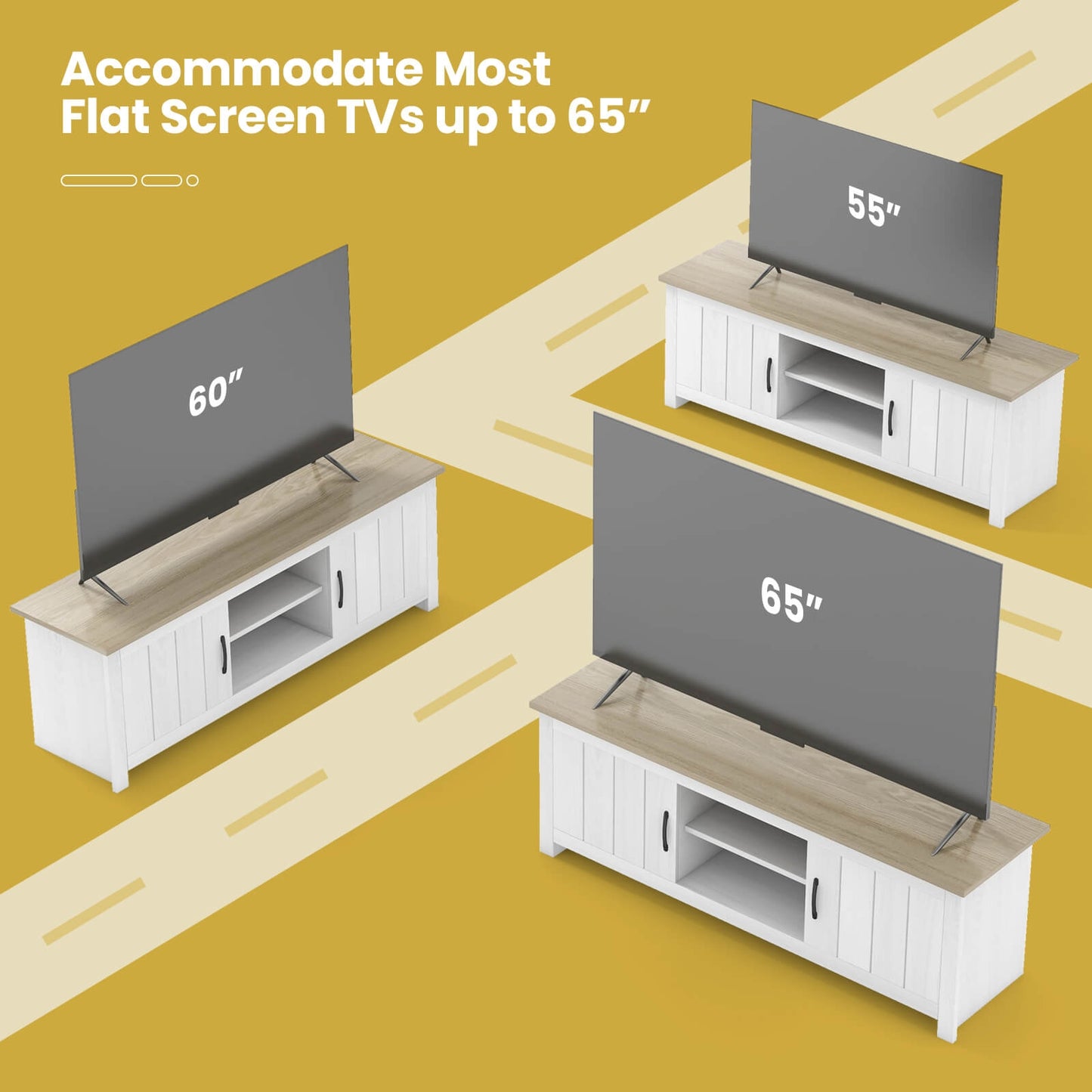 Modern TV Stand with Two Cabinets and Open Shelves for Flat Screen TVs up to 65 Inches - Natural