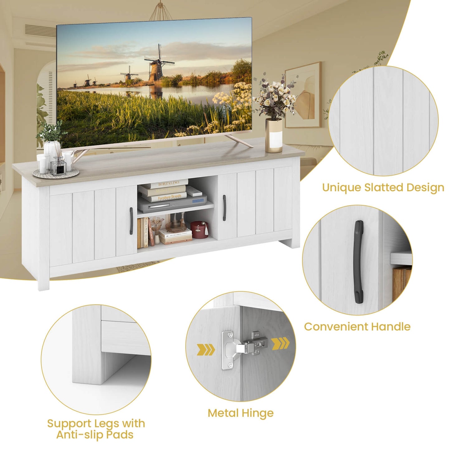Modern TV Stand with Two Cabinets and Open Shelves for Flat Screen TVs up to 65 Inches - Natural