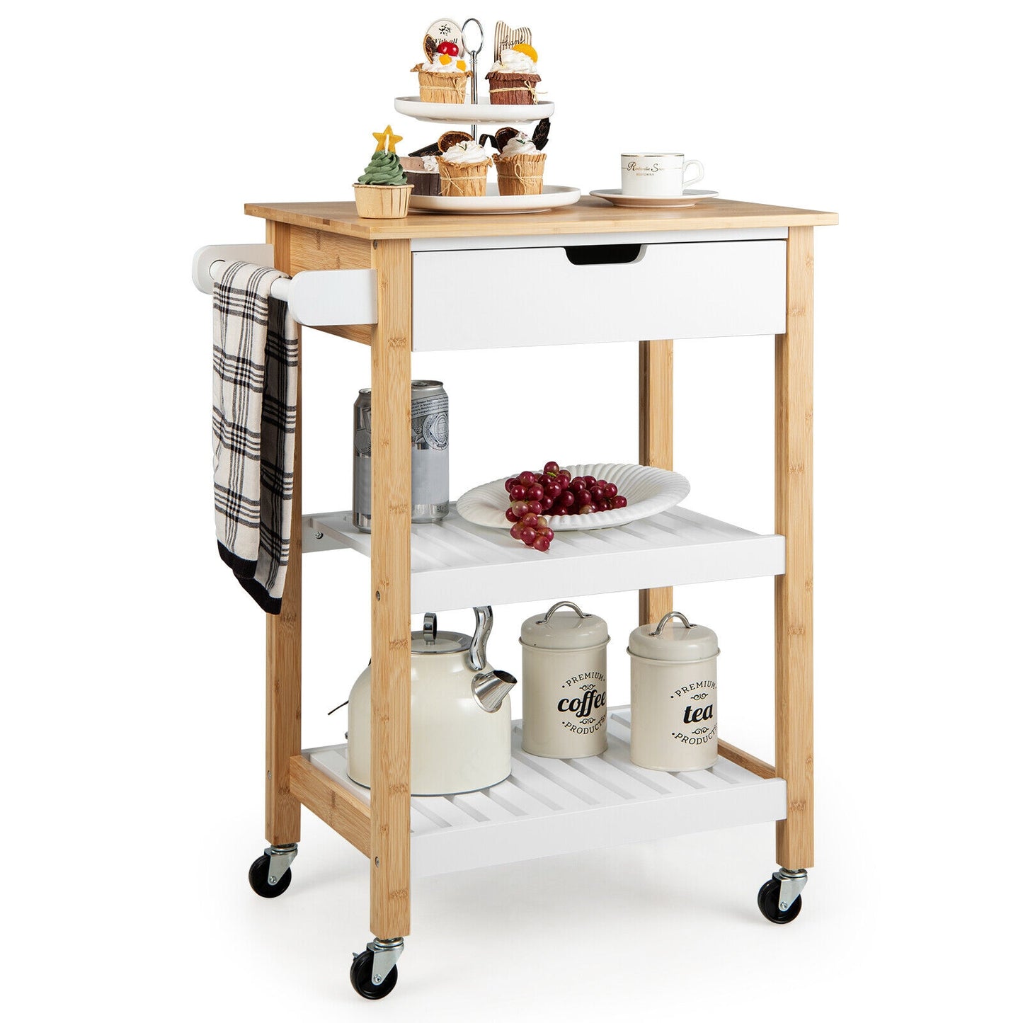 Kitchen Island Cart with Bamboo Top Storage Shelves and Drawer - Natural