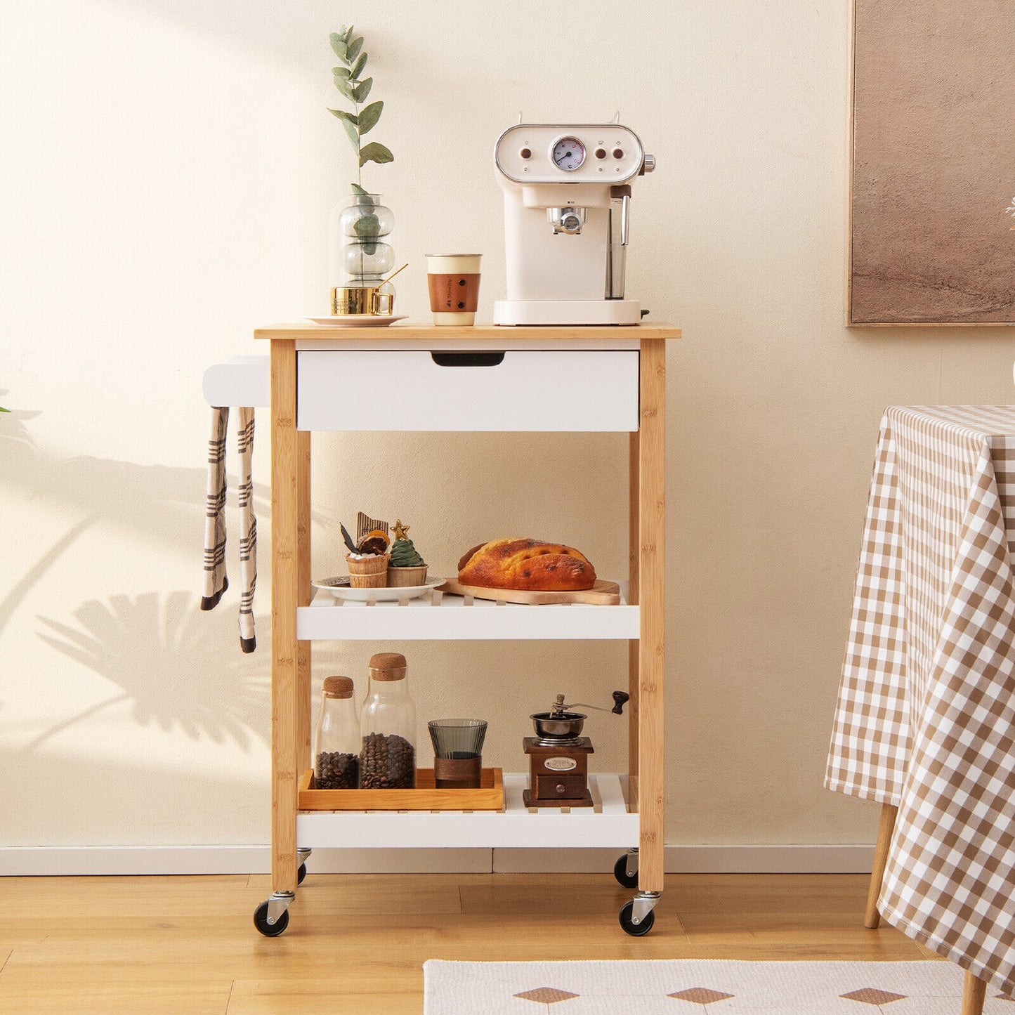 Kitchen Island Cart with Bamboo Top Storage Shelves and Drawer - Natural