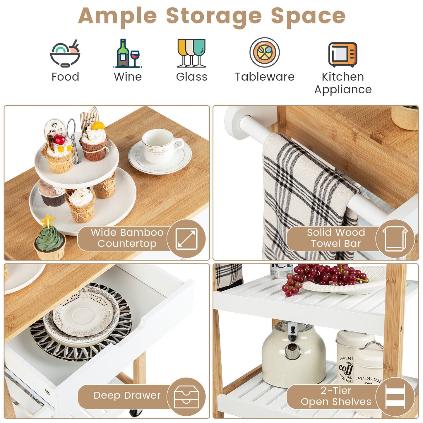Kitchen Island Cart with Bamboo Top Storage Shelves and Drawer - Natural