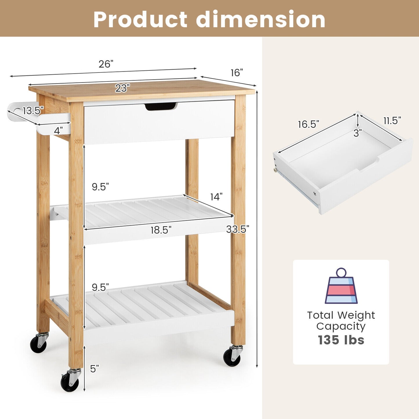 Kitchen Island Cart with Bamboo Top Storage Shelves and Drawer - Natural