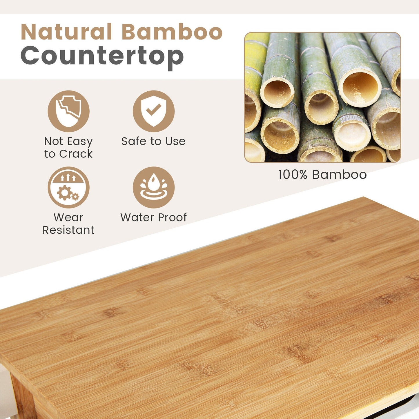 Kitchen Island Cart with Bamboo Top Storage Shelves and Drawer - Natural