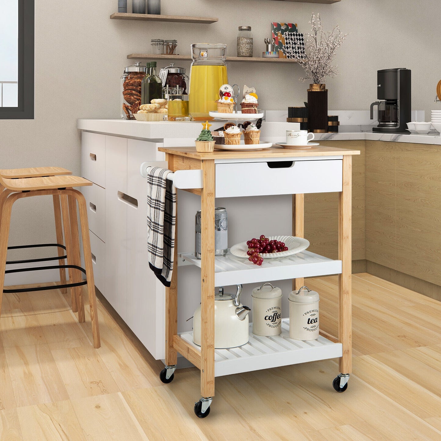 Kitchen Island Cart with Bamboo Top Storage Shelves and Drawer - Natural