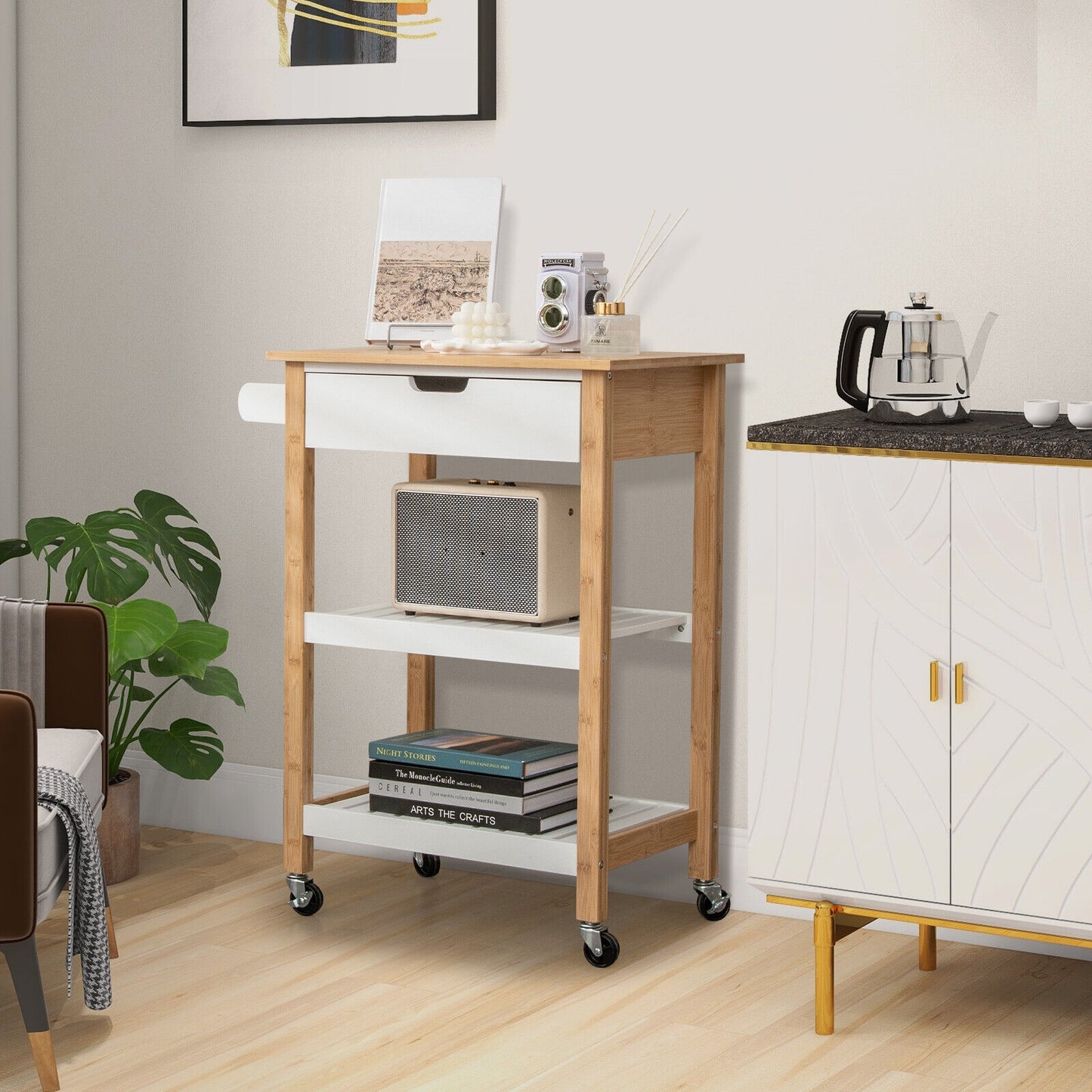 Kitchen Island Cart with Bamboo Top Storage Shelves and Drawer - Natural
