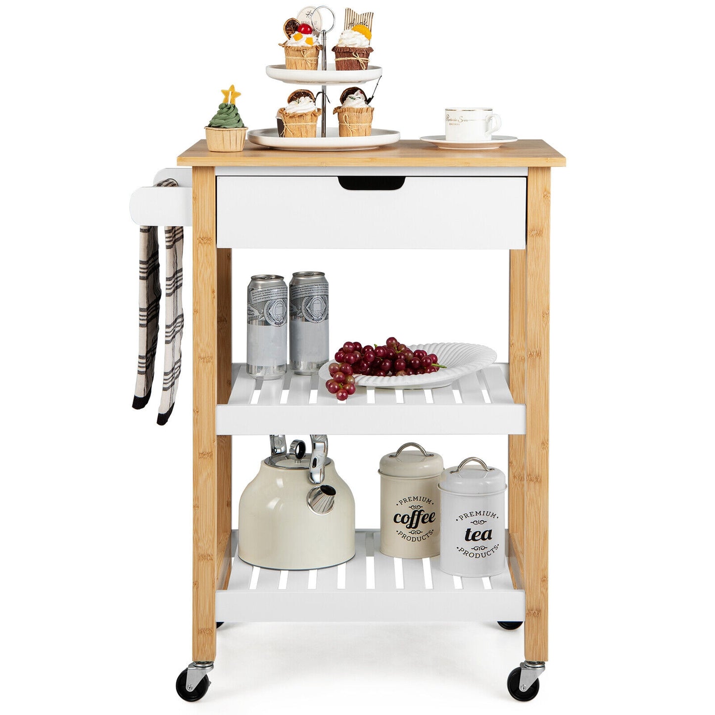 Kitchen Island Cart with Bamboo Top Storage Shelves and Drawer - Natural