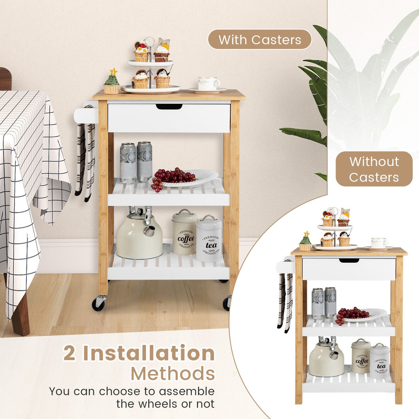 Kitchen Island Cart with Bamboo Top Storage Shelves and Drawer - Natural