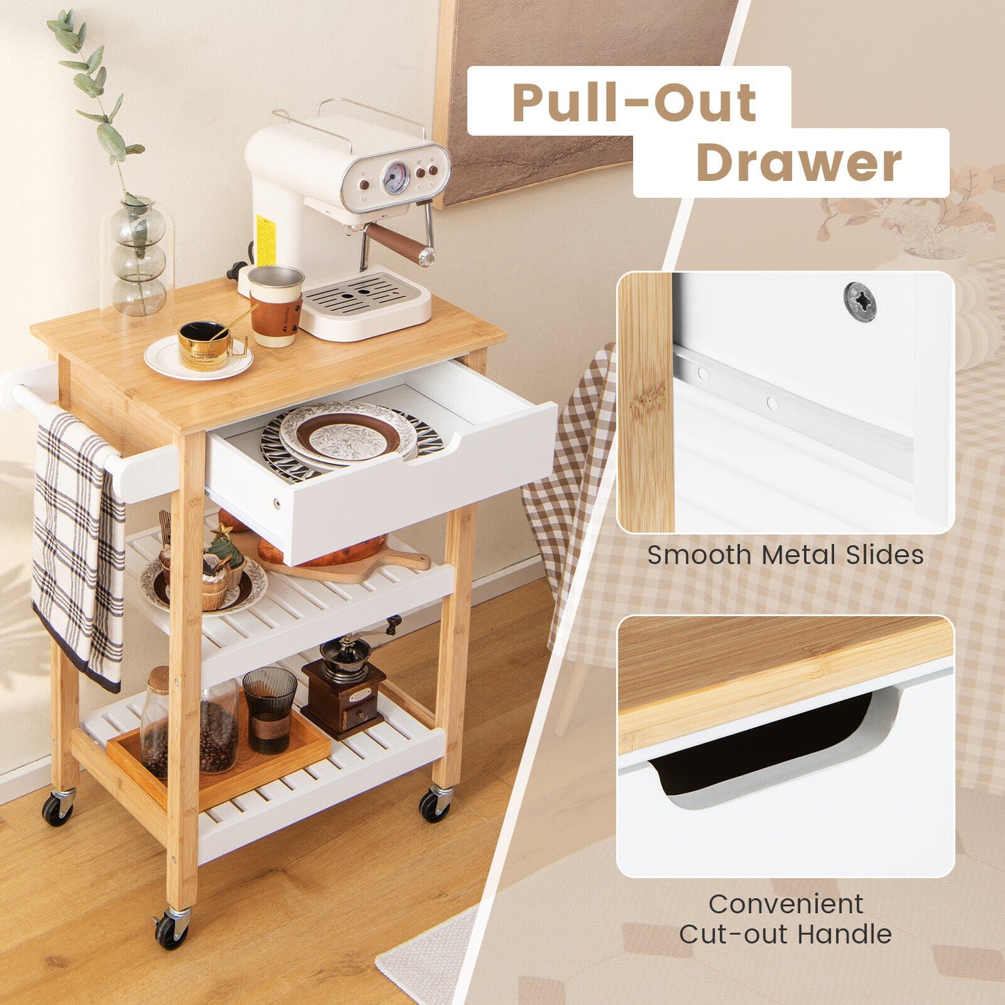 Kitchen Island Cart with Bamboo Top Storage Shelves and Drawer - Natural