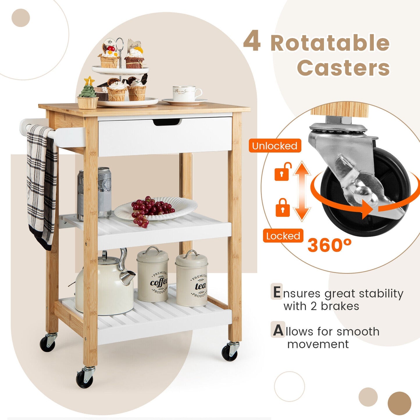 Kitchen Island Cart with Bamboo Top Storage Shelves and Drawer - Natural