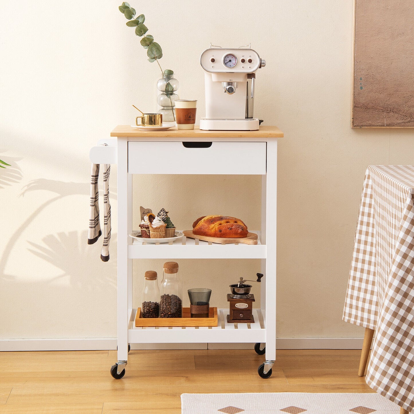 Kitchen Island Cart with Bamboo Top Storage Shelves and Drawer - White