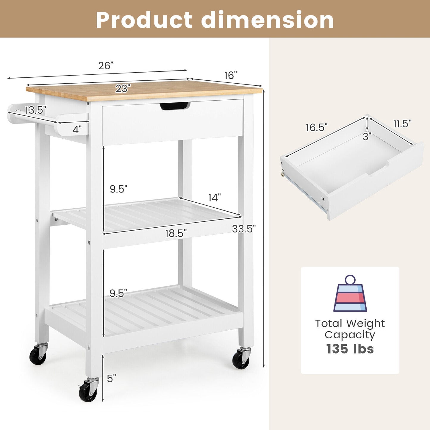 Kitchen Island Cart with Bamboo Top Storage Shelves and Drawer - White