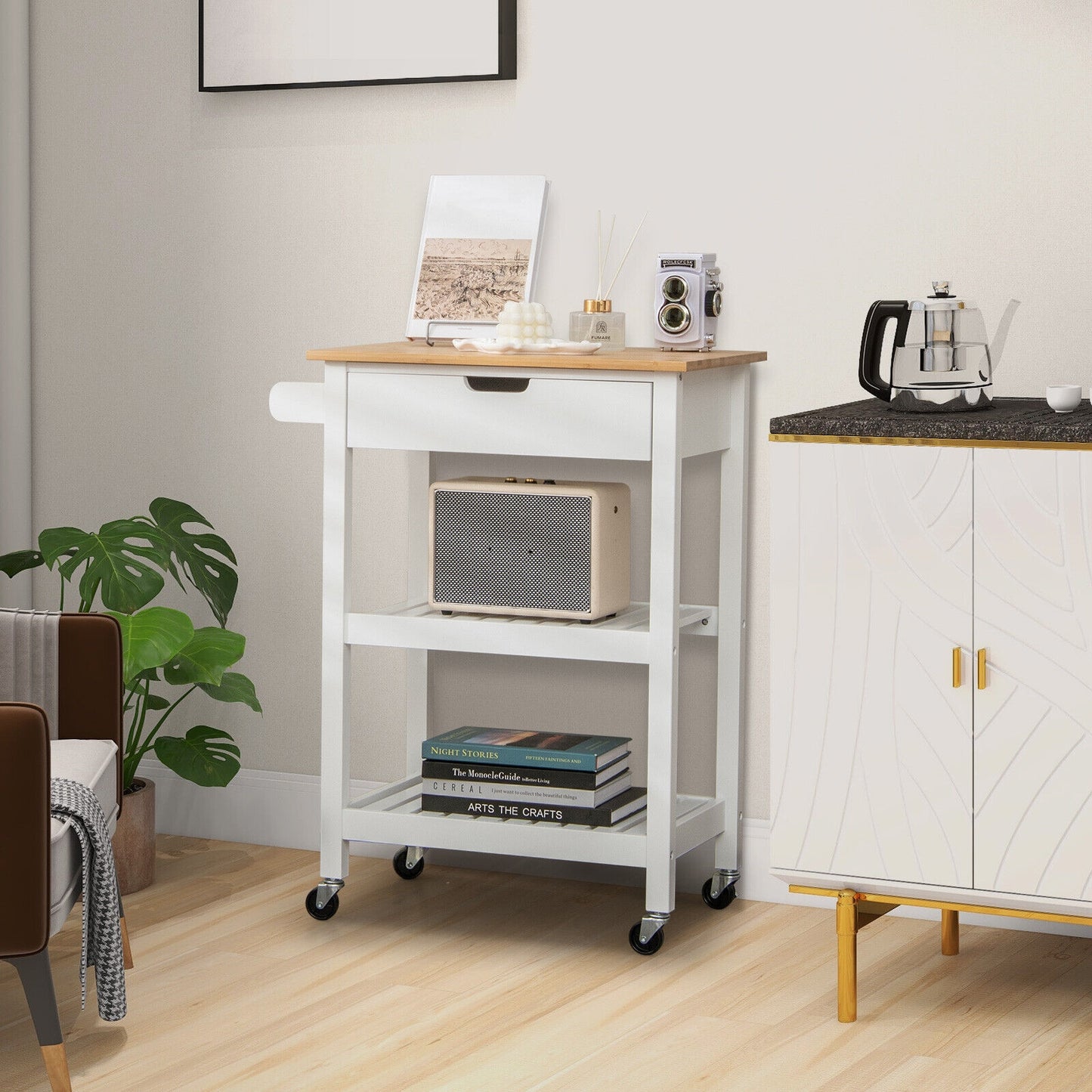 Kitchen Island Cart with Bamboo Top Storage Shelves and Drawer - White