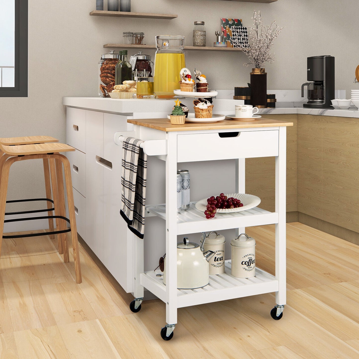 Kitchen Island Cart with Bamboo Top Storage Shelves and Drawer - White