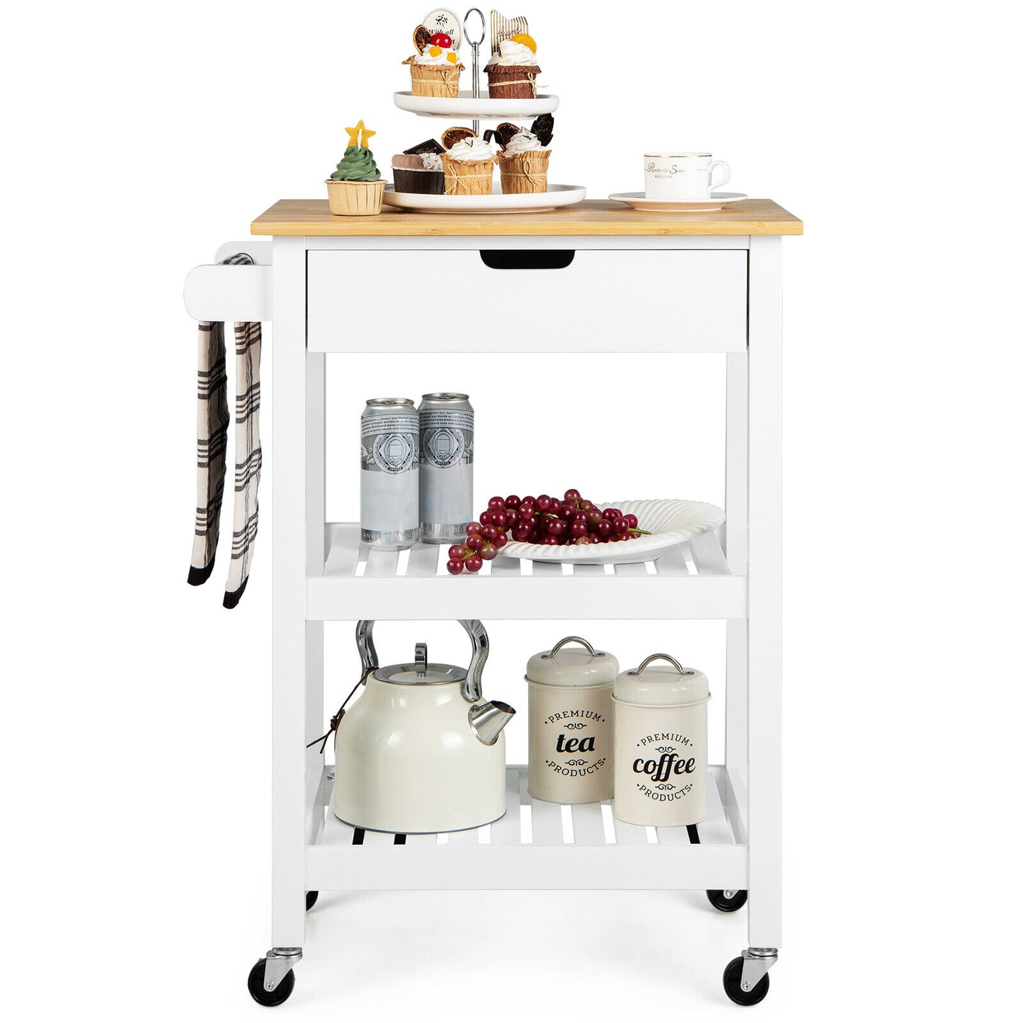 Kitchen Island Cart with Bamboo Top Storage Shelves and Drawer - White