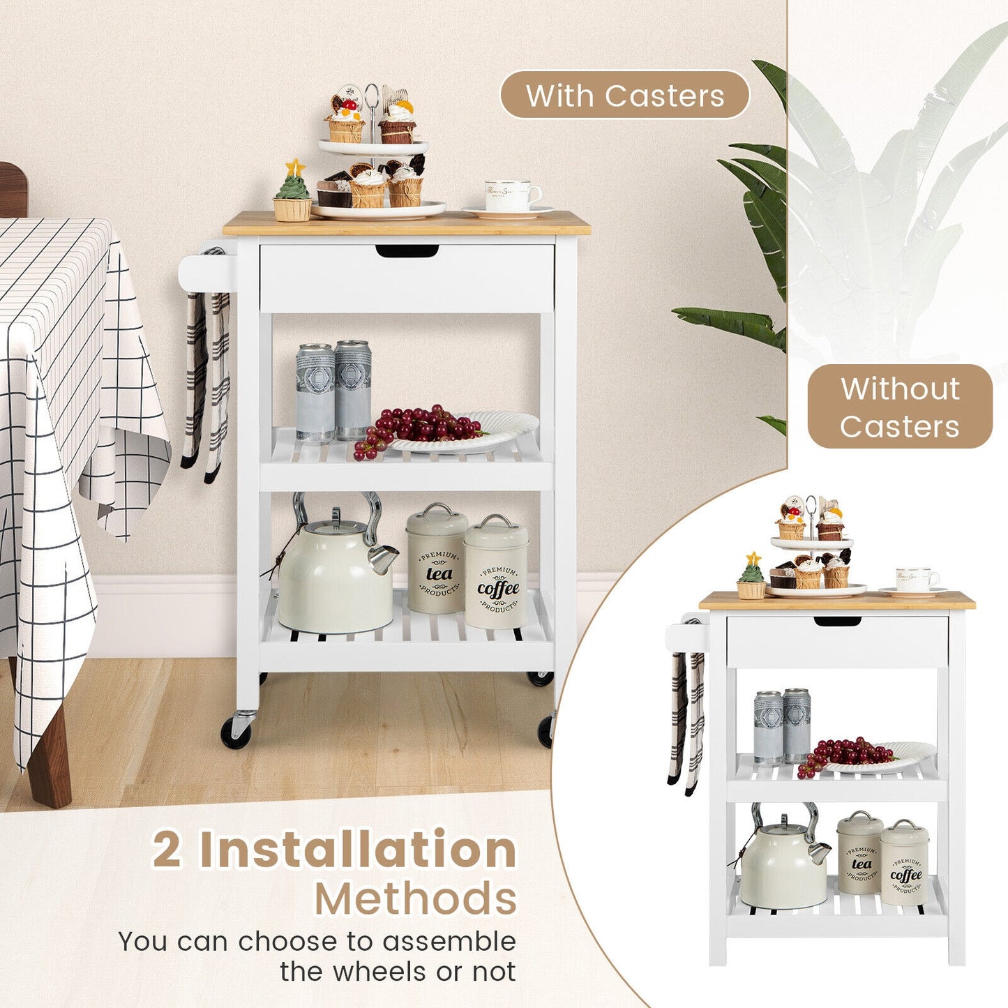 Kitchen Island Cart with Bamboo Top Storage Shelves and Drawer - White